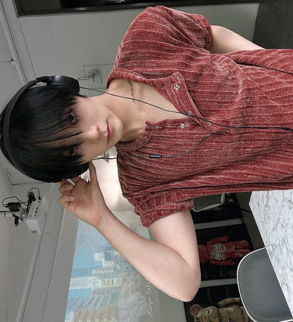 velour corduroy henly-neck short sleeve knit