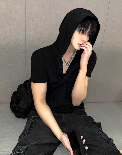 Henley Neck Short-Sleeve Hoodie