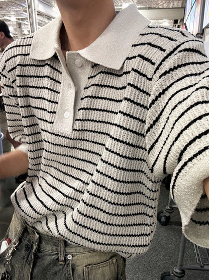lewen stripe collar short-sleeved knit