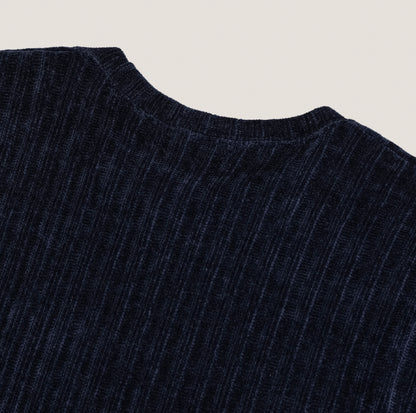 Velour Ribbed Round Neck Long Sleeve Knit Tee