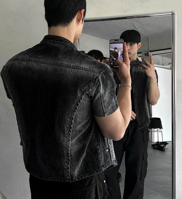 V-shaped cropped denim biker jacket