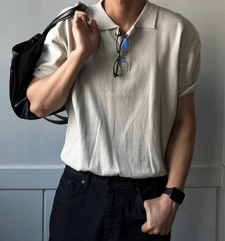 Three-Button Collar Short Sleeve Knit