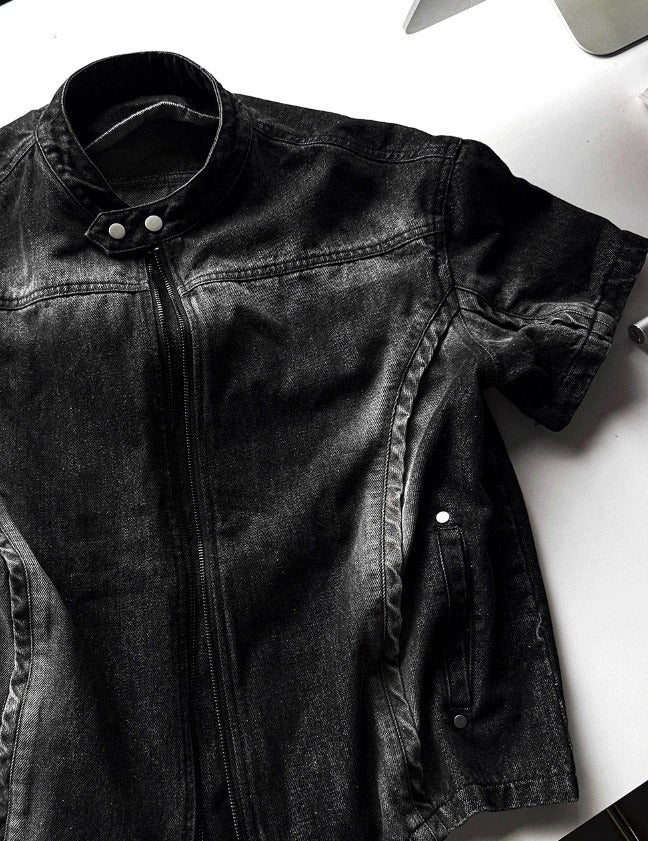 V-shaped cropped denim biker jacket