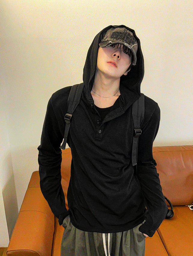 Henley Neck Hood Long-sleeve