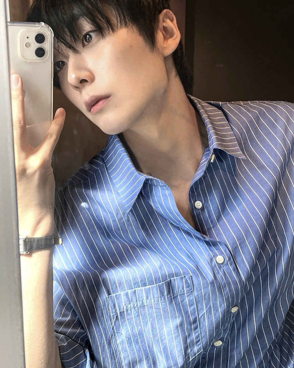 vintage blue stripe short-sleeved shirt
