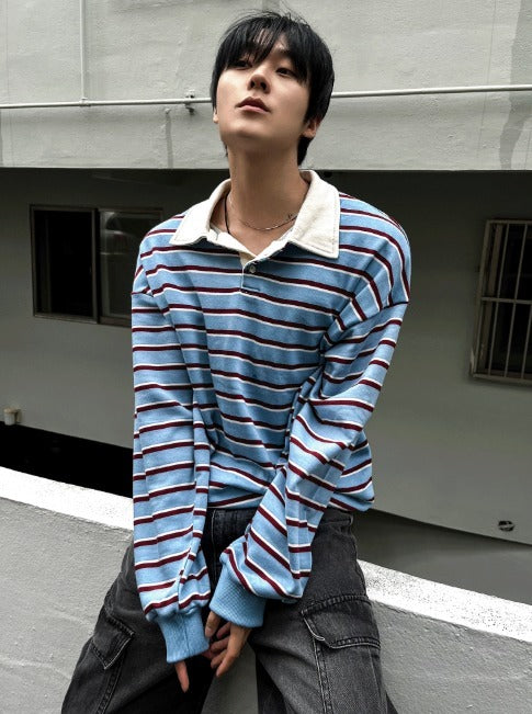 Sweat collar striped sweatshirt