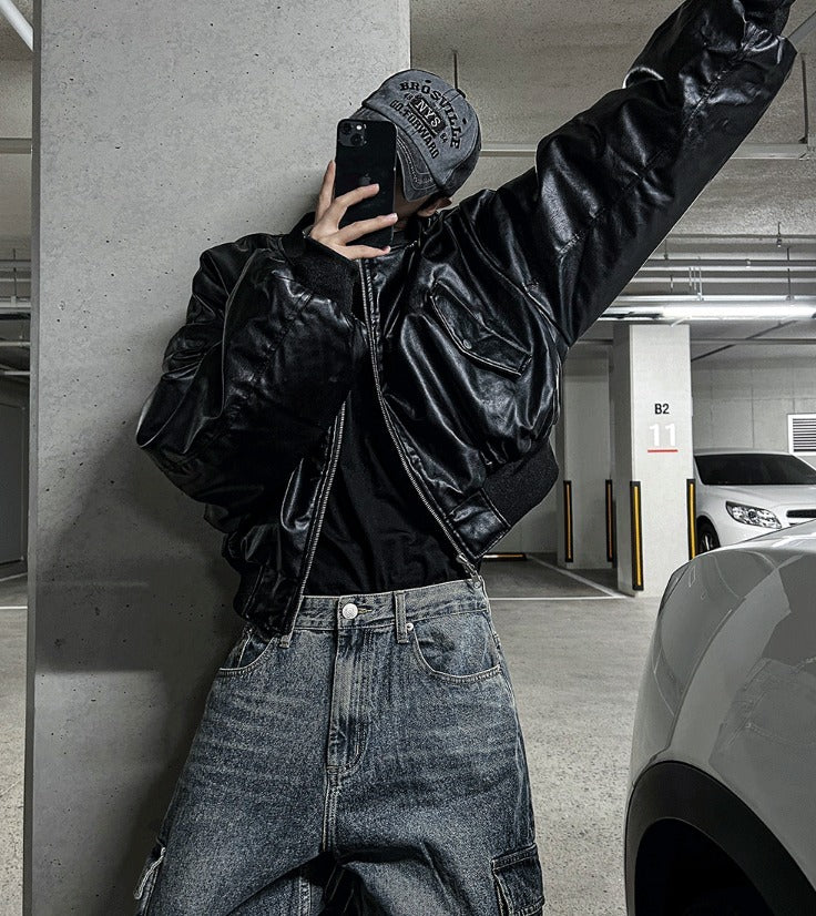 Dominic Vegan Leather Crop Aviation Jumper