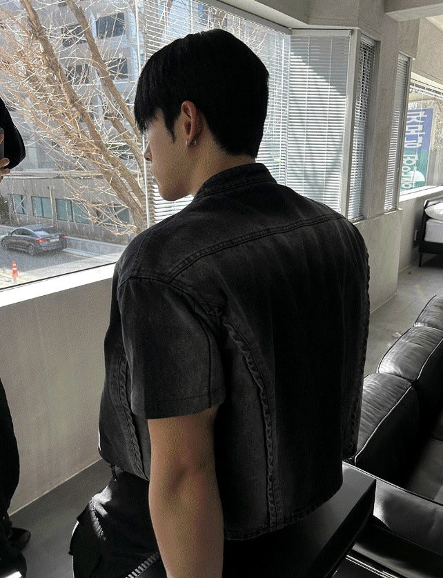 V-shaped cropped denim biker jacket