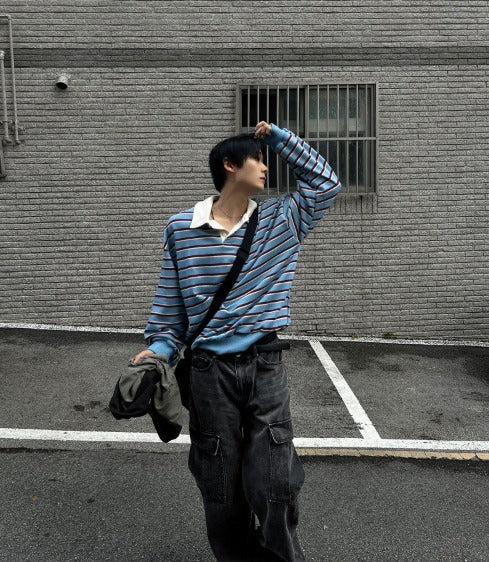 Sweat collar striped sweatshirt