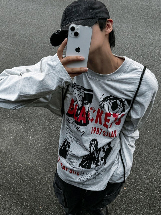 Metal printing long-sleeved loose fit T-shirt