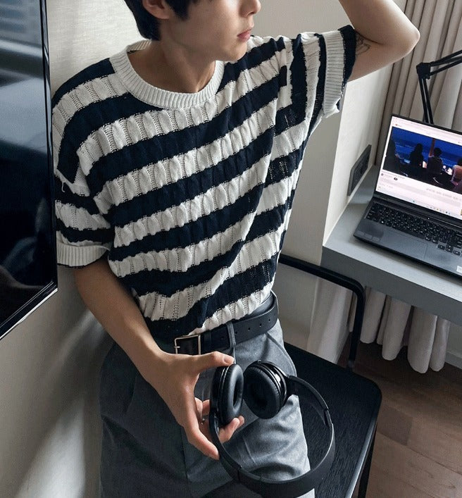 Baron Cable Stripe Short Sleeve Knit