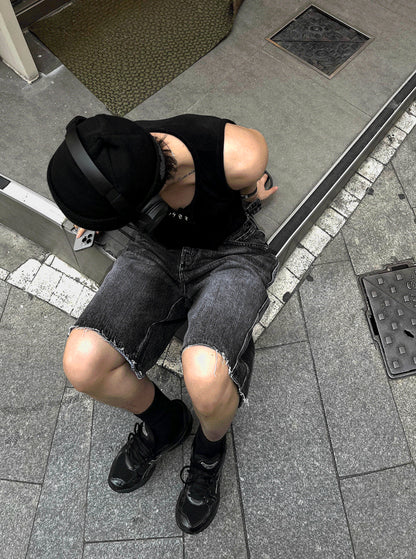 Black Washed Denim Bermuda Shorts Pants