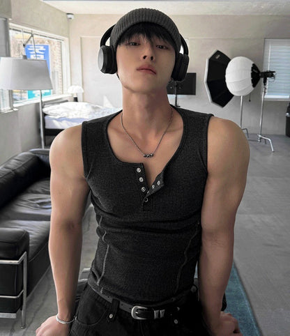 Henley Neck Side Track Muscle Fit Sleeveless
