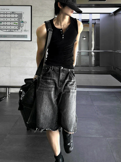 Black Washed Denim Bermuda Shorts Pants