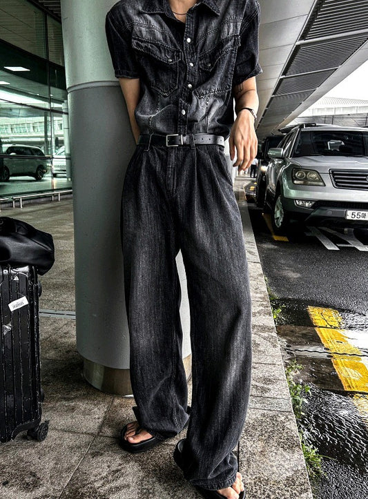 Cool Washing Pintuck Linen Denim Pants