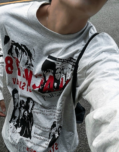 Metal printing long-sleeved loose fit T-shirt