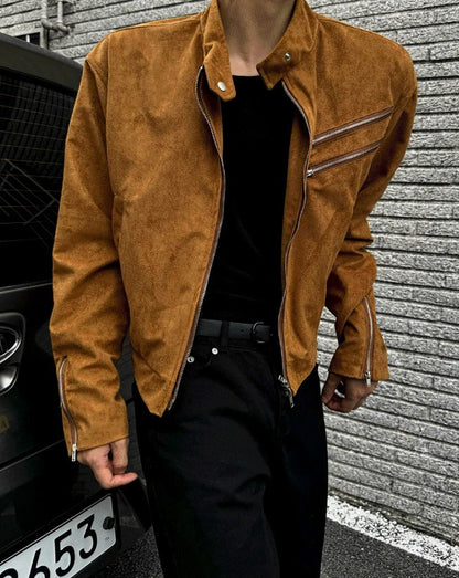 Dutzby Double Zipper Tweed Suede Biker Jacket