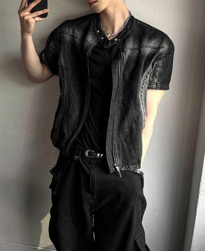 V-shaped cropped denim biker jacket