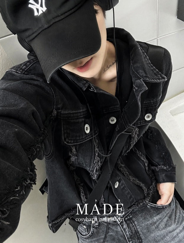 crop off-on detail denim jacket