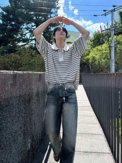 lewen stripe collar short-sleeved knit