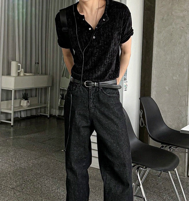 velour corduroy henly-neck short sleeve knit