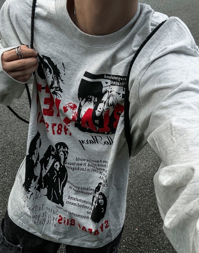 Metal printing long-sleeved loose fit T-shirt