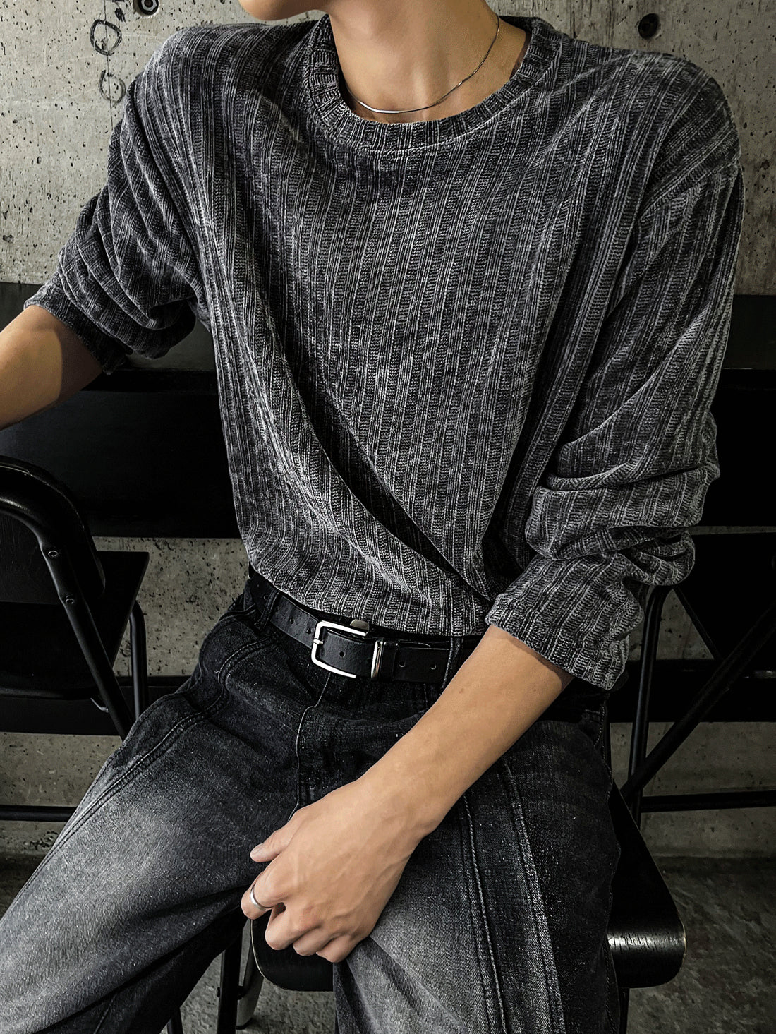 Velour Ribbed Round Neck Long Sleeve Knit Tee