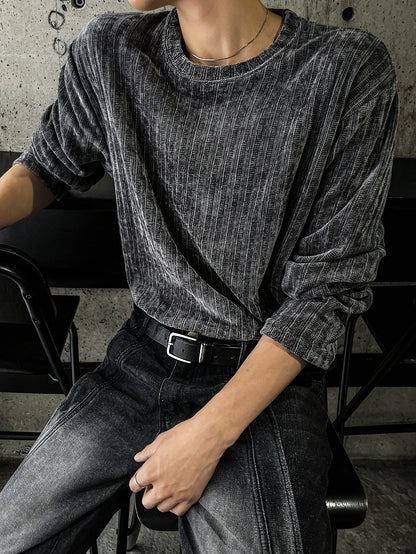 Velour Ribbed Round Neck Long Sleeve Knit Tee