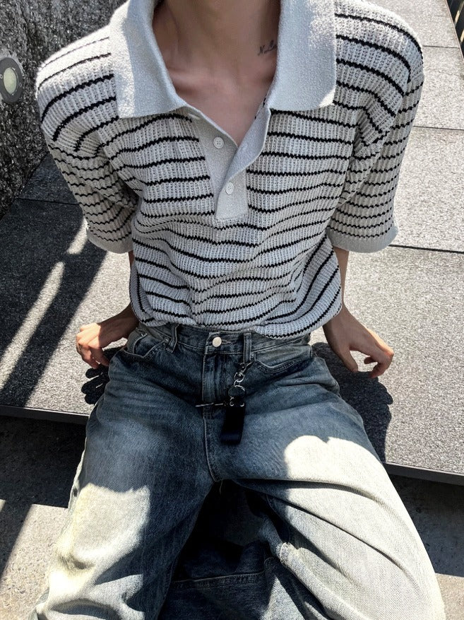 lewen stripe collar short-sleeved knit