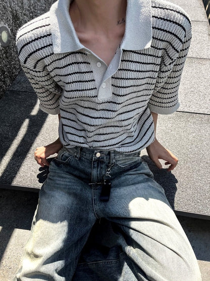 lewen stripe collar short-sleeved knit