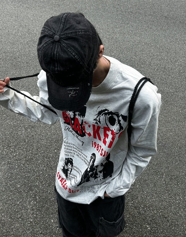 Metal printing long-sleeved loose fit T-shirt