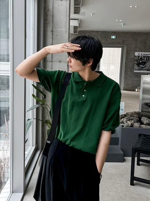 Three-Button Collar Short Sleeve Knit