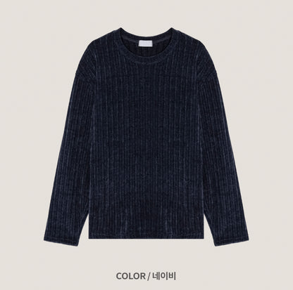 Velour Ribbed Round Neck Long Sleeve Knit Tee