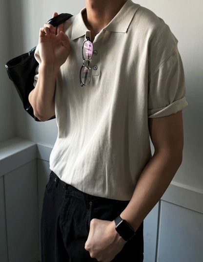 Three-Button Collar Short Sleeve Knit