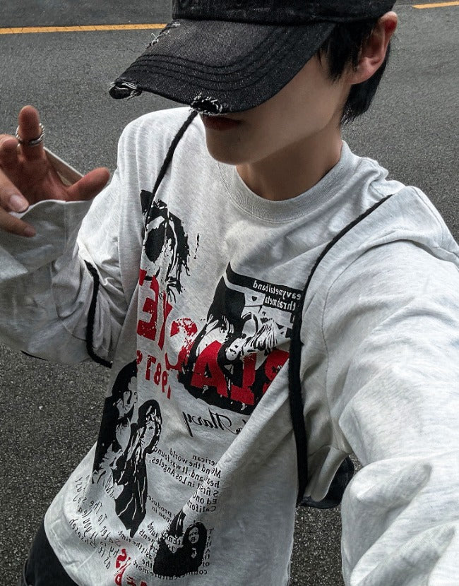 Metal printing long-sleeved loose fit T-shirt