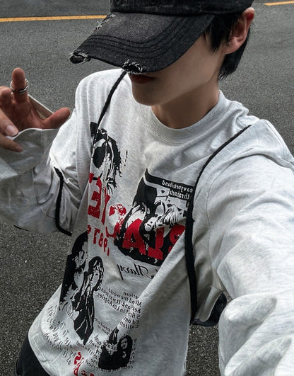 Metal printing long-sleeved loose fit T-shirt