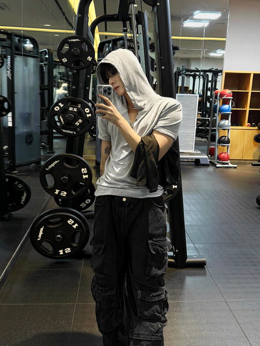 Henley Neck Short-Sleeve Hoodie