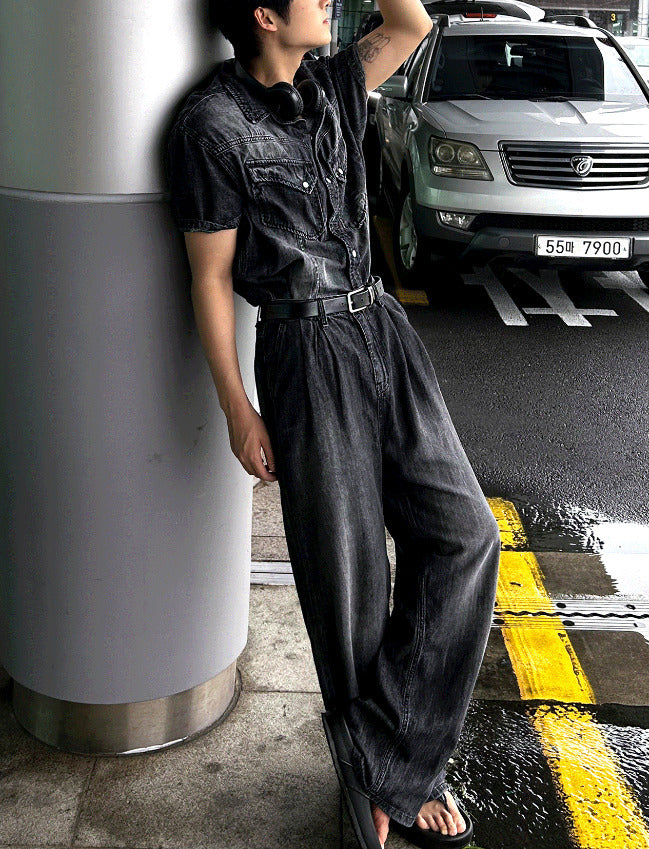 Cool Washing Pintuck Linen Denim Pants