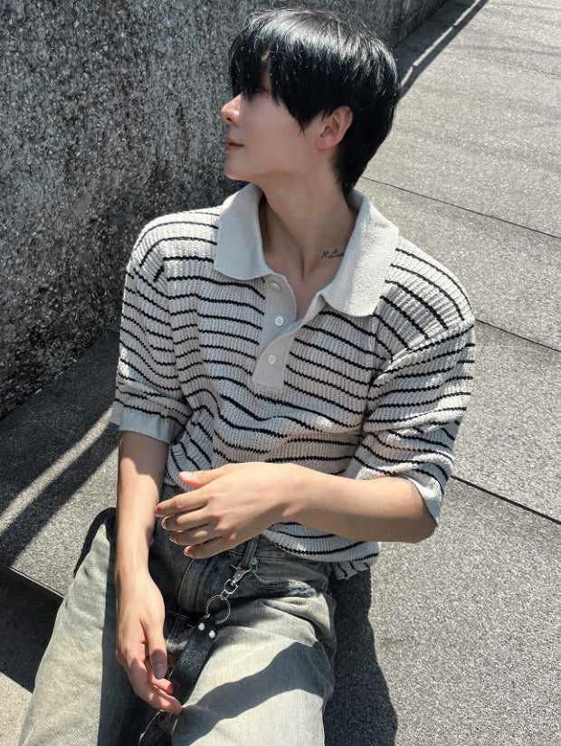 lewen stripe collar short-sleeved knit