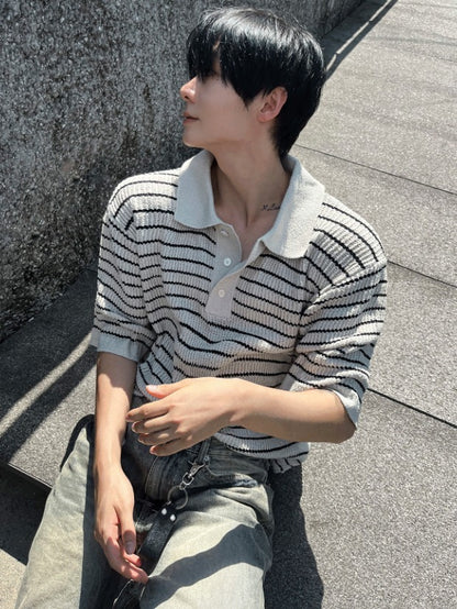 lewen stripe collar short-sleeved knit
