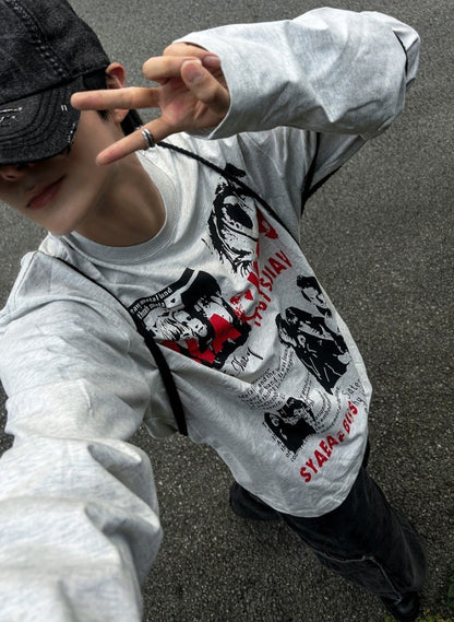 Metal printing long-sleeved loose fit T-shirt