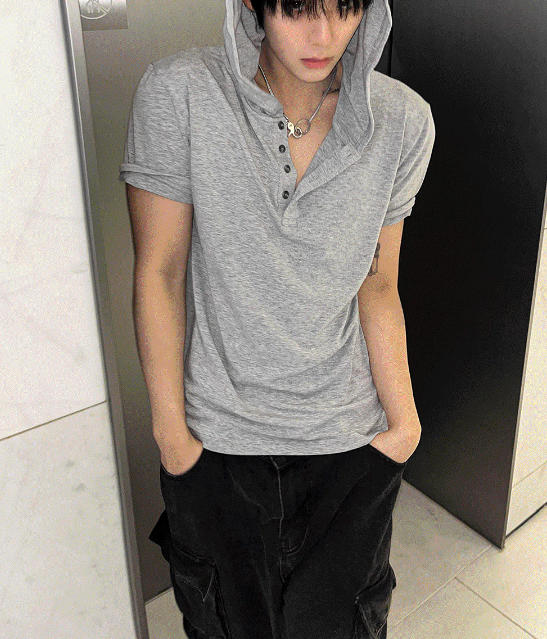 Henley Neck Short-Sleeve Hoodie