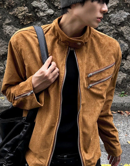 Dutzby Double Zipper Tweed Suede Biker Jacket
