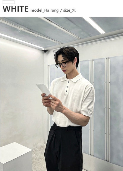 Three-Button Collar Short Sleeve Knit