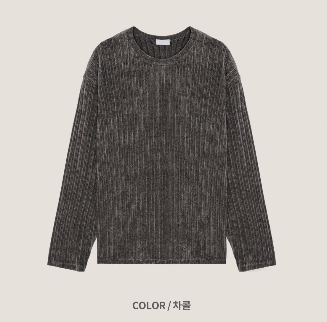 Velour Ribbed Round Neck Long Sleeve Knit Tee