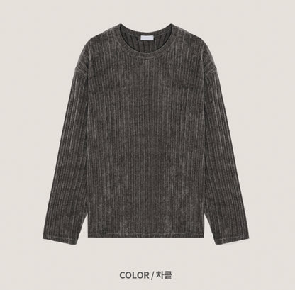 Velour Ribbed Round Neck Long Sleeve Knit Tee