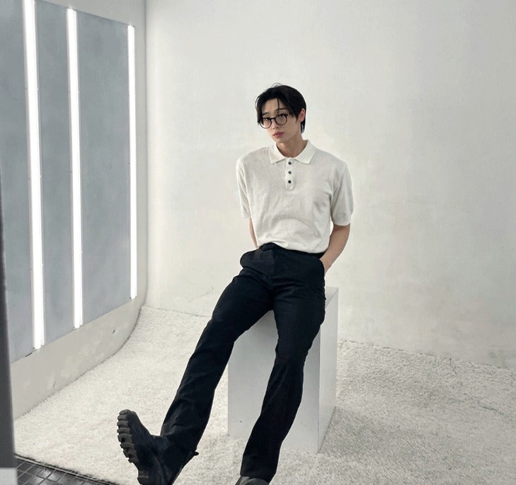 Three-Button Collar Short Sleeve Knit
