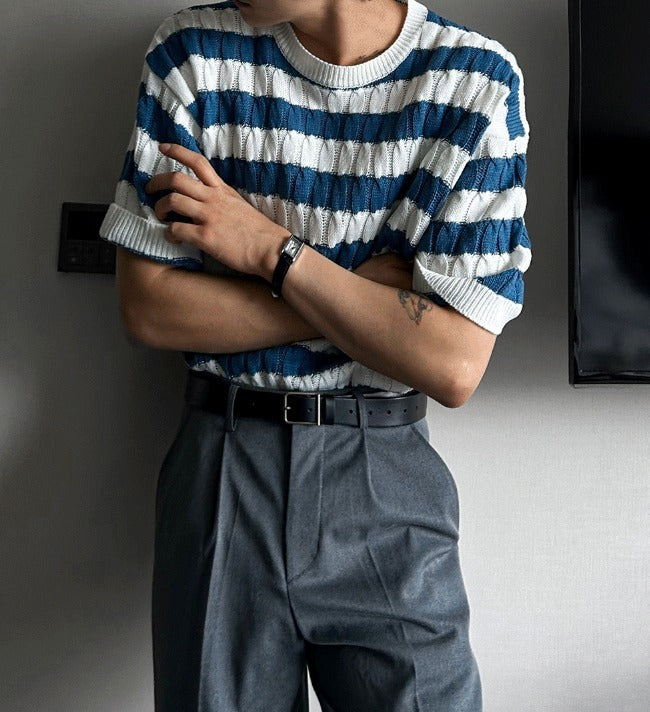 Baron Cable Stripe Short Sleeve Knit