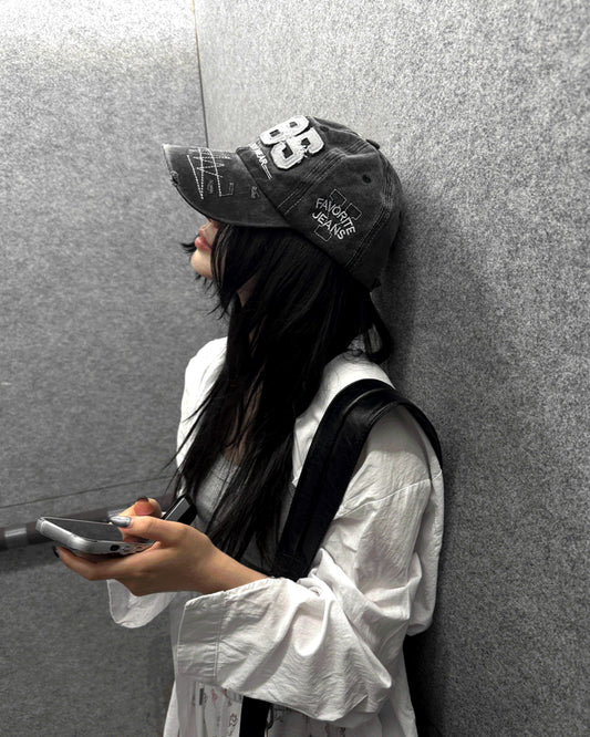 Washed Black Denim Distressed Baseball Cap