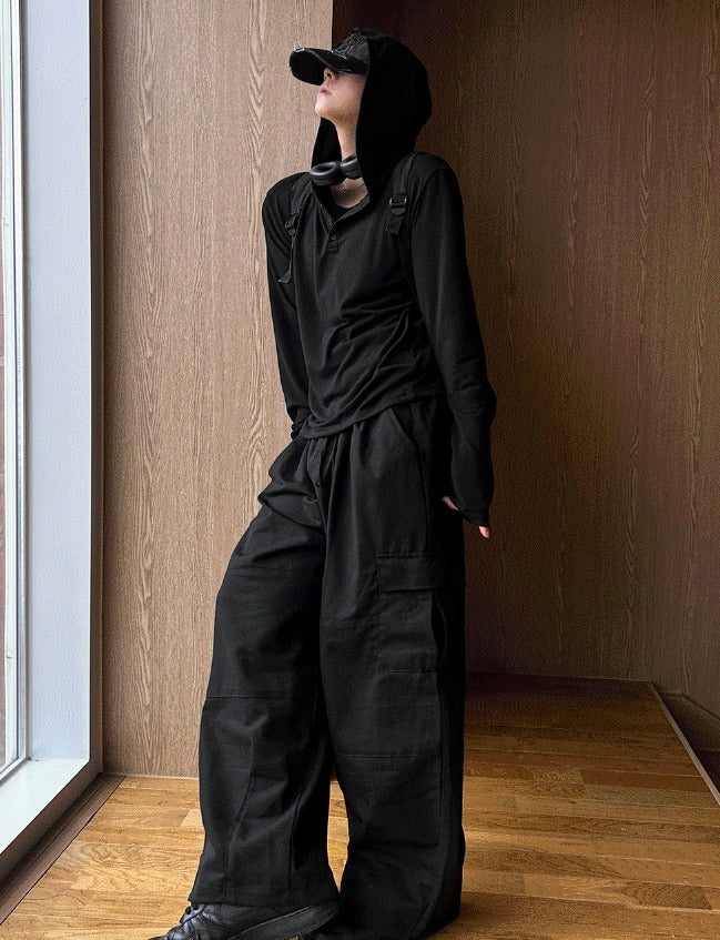 Henley Neck Hood Long-sleeve